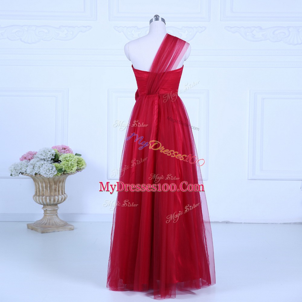 Great Wine Red Empire Tulle One Shoulder Sleeveless Ruching Floor Length Zipper Bridesmaid Dress