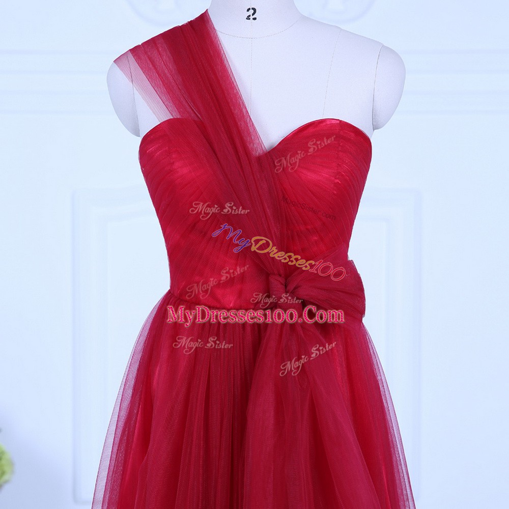 Great Wine Red Empire Tulle One Shoulder Sleeveless Ruching Floor Length Zipper Bridesmaid Dress