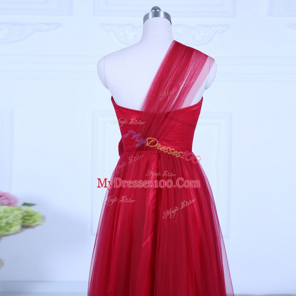 Great Wine Red Empire Tulle One Shoulder Sleeveless Ruching Floor Length Zipper Bridesmaid Dress