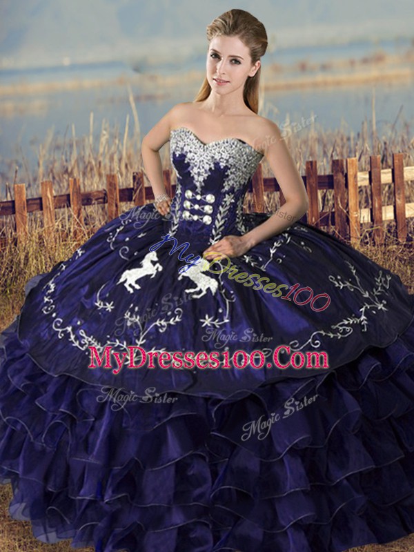 Customized Purple Sweet 16 Quinceanera Dress Sweet 16 and Quinceanera with Embroidery and Ruffles Sweetheart Sleeveless Lace Up
