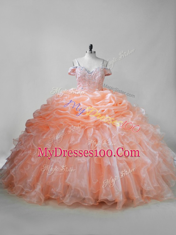 Beading and Ruffles and Pick Ups Quinceanera Dress Orange Lace Up Sleeveless Brush Train