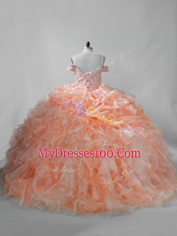 Beading and Ruffles and Pick Ups Quinceanera Dress Orange Lace Up Sleeveless Brush Train