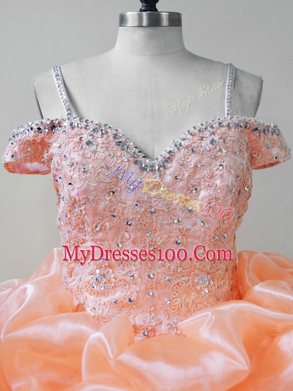 Beading and Ruffles and Pick Ups Quinceanera Dress Orange Lace Up Sleeveless Brush Train