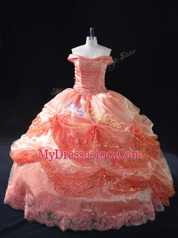 Watermelon Red Off The Shoulder Neckline Beading and Sequins Sweet 16 Quinceanera Dress Sleeveless Lace Up