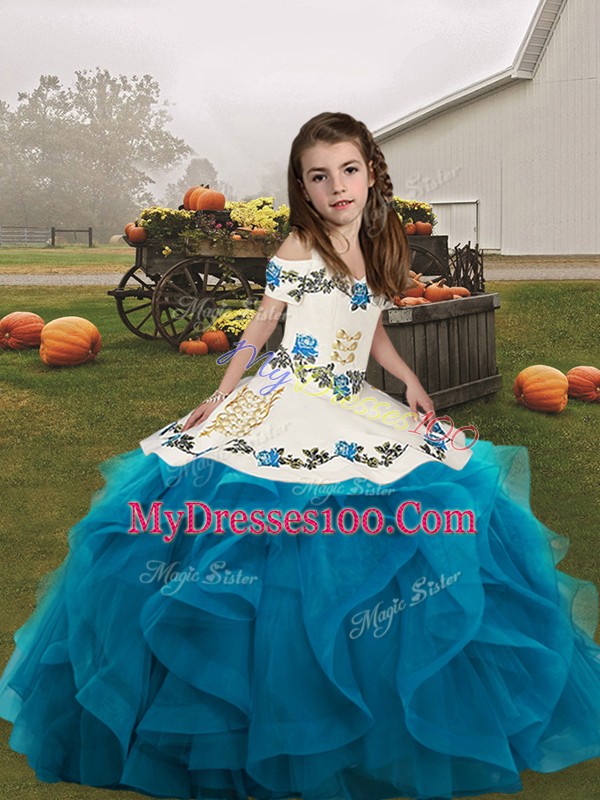Blue Organza Lace Up Straps Sleeveless Floor Length Little Girls Pageant Dress Wholesale Embroidery and Ruffles
