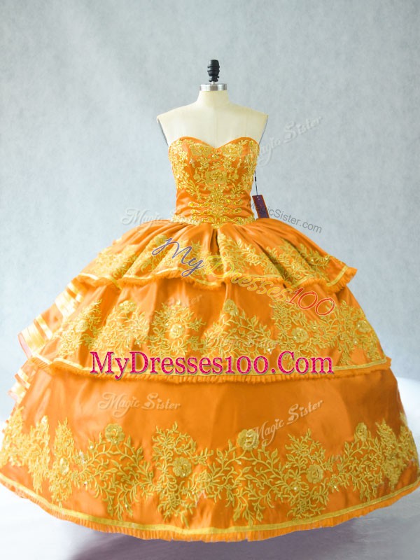 New Arrival Gold Organza Lace Up Sweetheart Sleeveless Floor Length 15th Birthday Dress Embroidery and Ruffled Layers