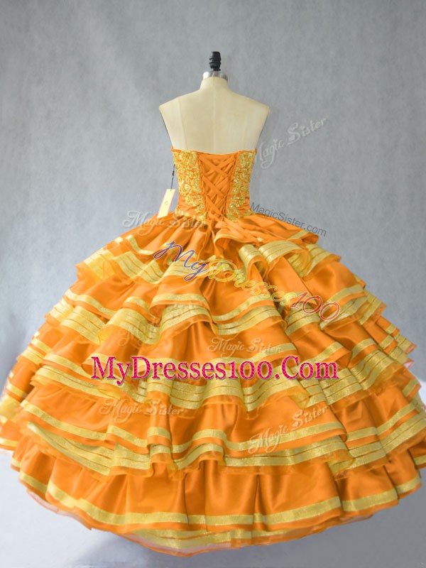 New Arrival Gold Organza Lace Up Sweetheart Sleeveless Floor Length 15th Birthday Dress Embroidery and Ruffled Layers