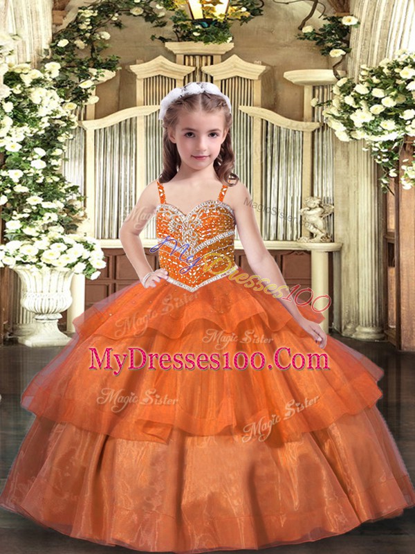 Inexpensive Organza Straps Sleeveless Lace Up Ruffled Layers Little Girls Pageant Dress in Orange