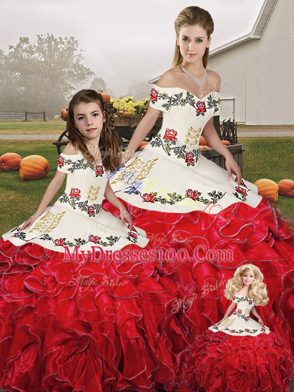 White And Red Sleeveless Embroidery and Ruffles Floor Length Vestidos de Quinceanera