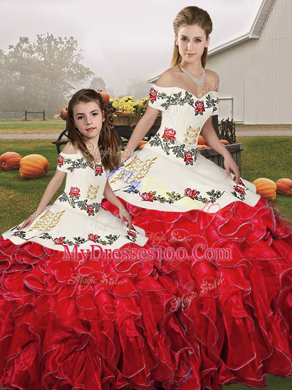 White And Red Sleeveless Embroidery and Ruffles Floor Length Vestidos de Quinceanera