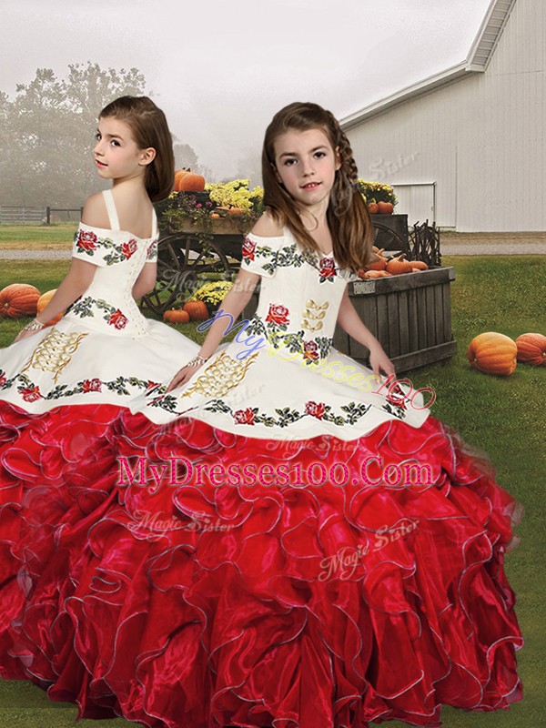White And Red Sleeveless Embroidery and Ruffles Floor Length Vestidos de Quinceanera