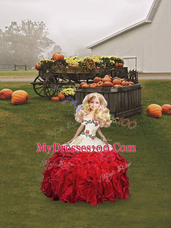 White And Red Sleeveless Embroidery and Ruffles Floor Length Vestidos de Quinceanera