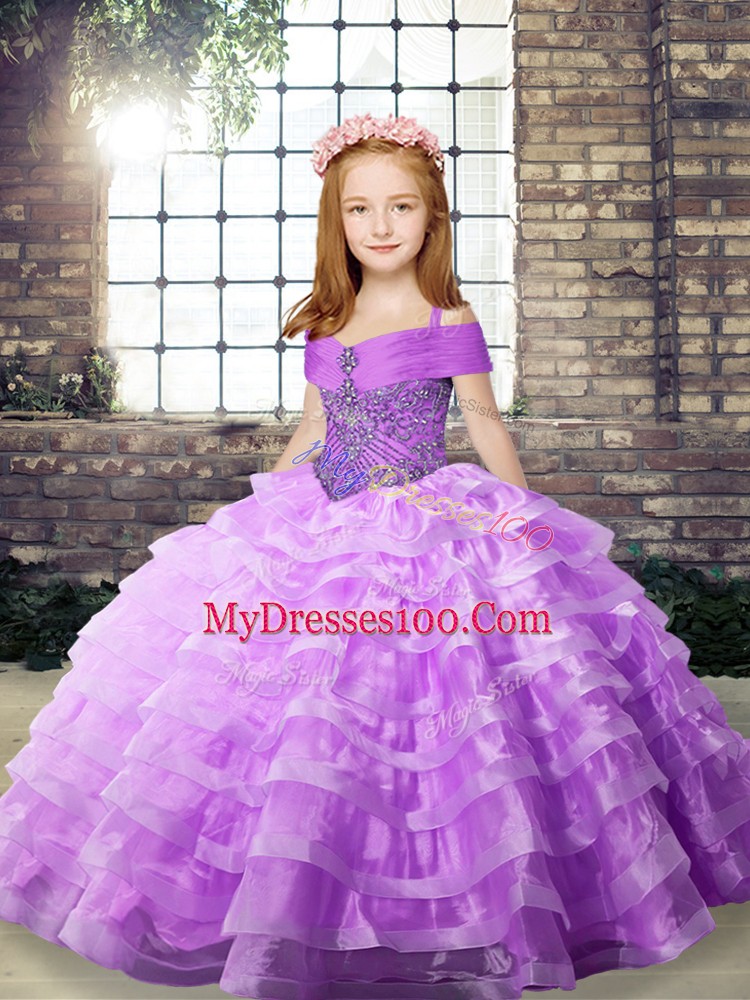 High End Lilac Straps Neckline Beading and Ruffled Layers Pageant Dress Toddler Sleeveless Lace Up