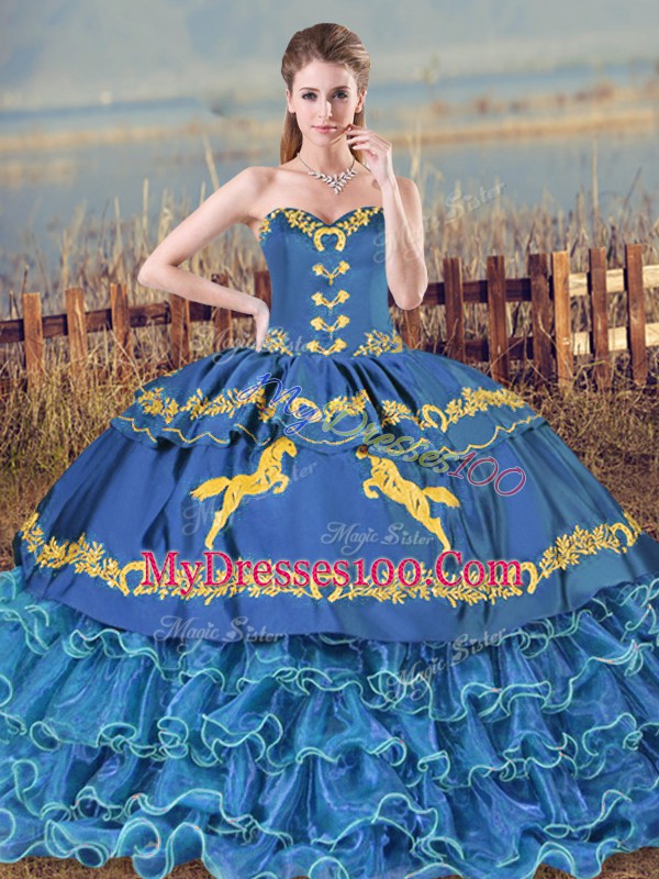Beautiful Blue Quinceanera Gown Sweetheart Sleeveless Brush Train Lace Up