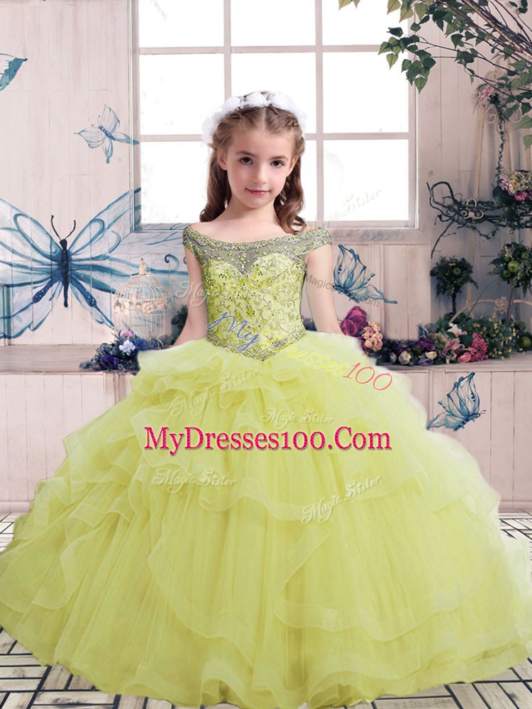 Simple Floor Length Ball Gowns Sleeveless Yellow Pageant Dresses Lace Up