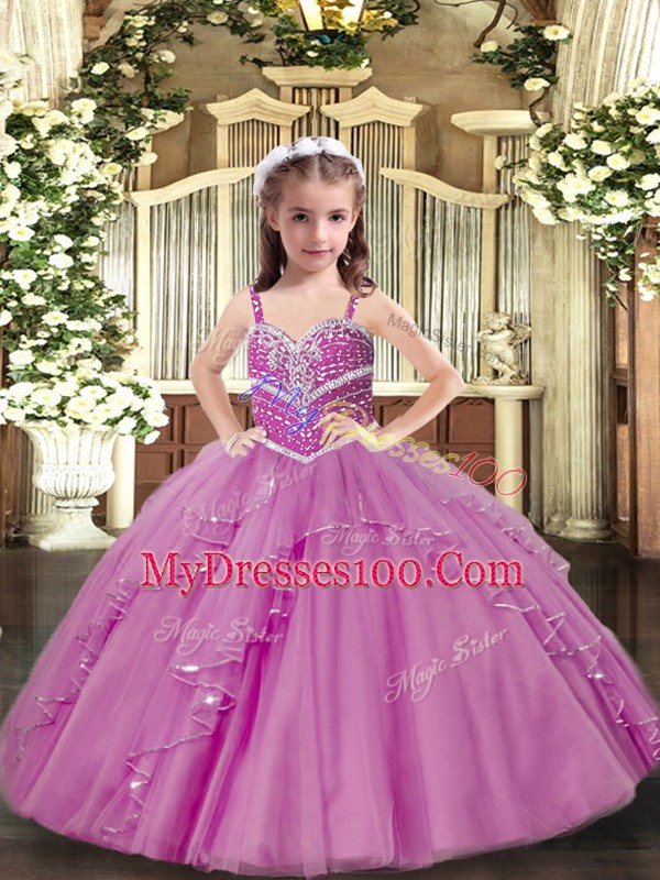 Sleeveless Tulle Floor Length Lace Up Pageant Dress for Womens in Lilac with Beading and Ruffles