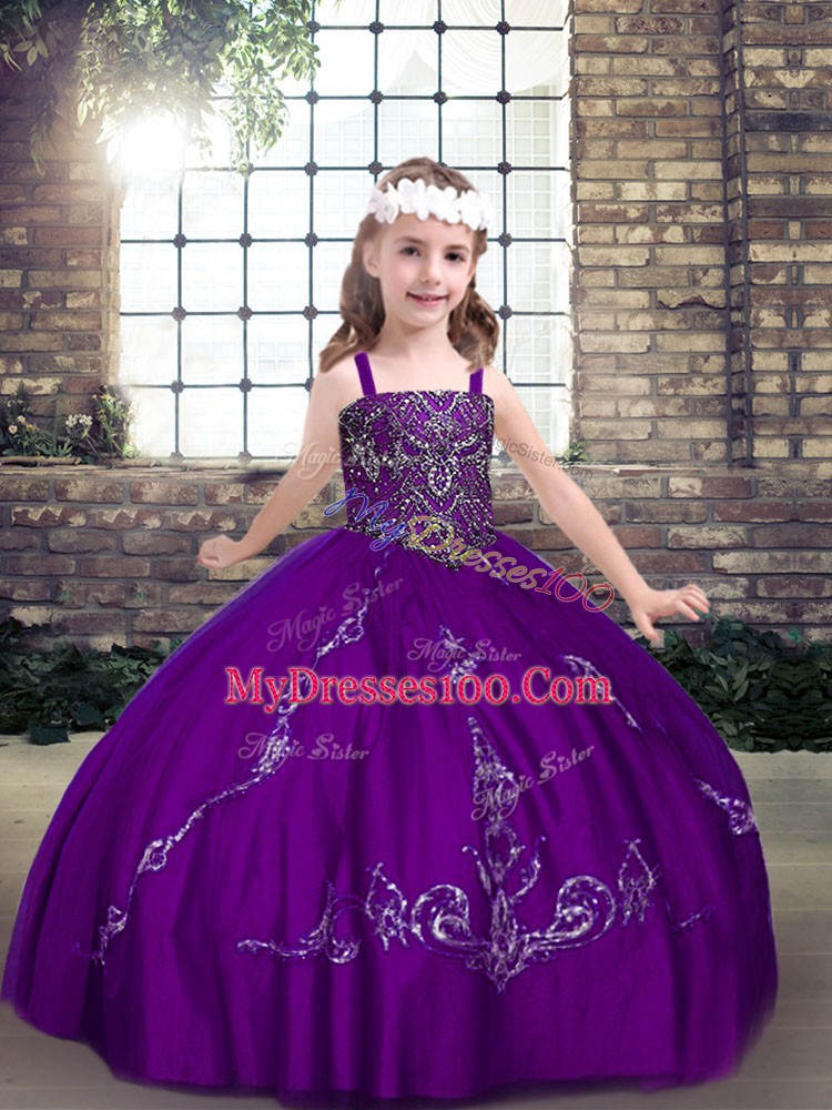 Pretty Purple Ball Gowns Beading Little Girls Pageant Gowns Lace Up Tulle Sleeveless Floor Length