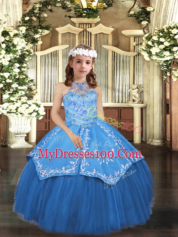 Blue Ball Gowns Tulle Halter Top Sleeveless Embroidery Floor Length Lace Up Kids Formal Wear