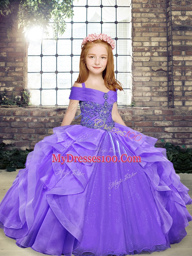 Sleeveless Lace Up Floor Length Beading and Ruffles Kids Pageant Dress