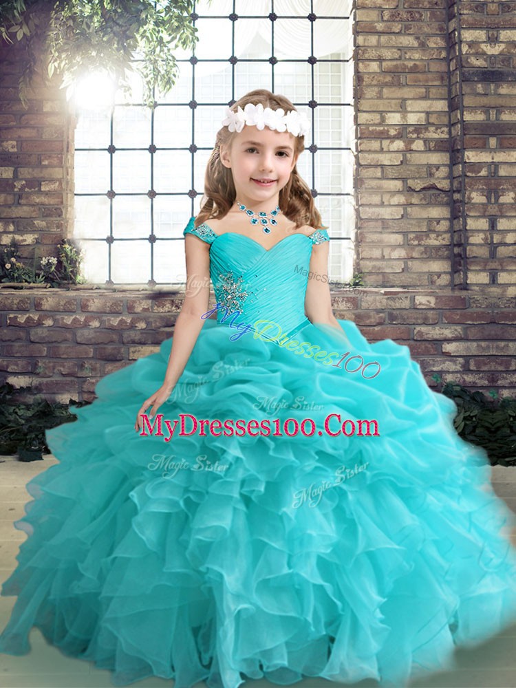 Graceful Floor Length Side Zipper Little Girls Pageant Dress Aqua Blue for Party and Wedding Party with Beading and Ruffles