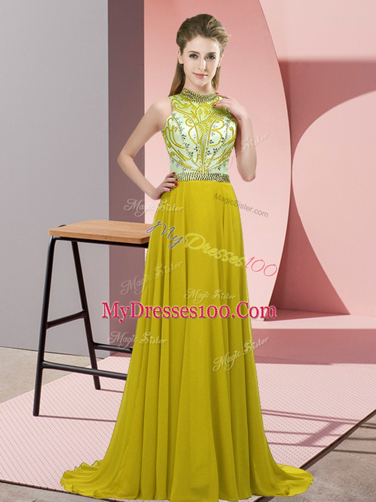 Classical Empire Sleeveless Olive Green Womens Evening Dresses Brush Train Backless