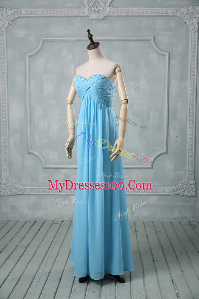 Baby Blue Empire Chiffon Sweetheart Sleeveless Beading and Ruching Floor Length Backless Prom Dress