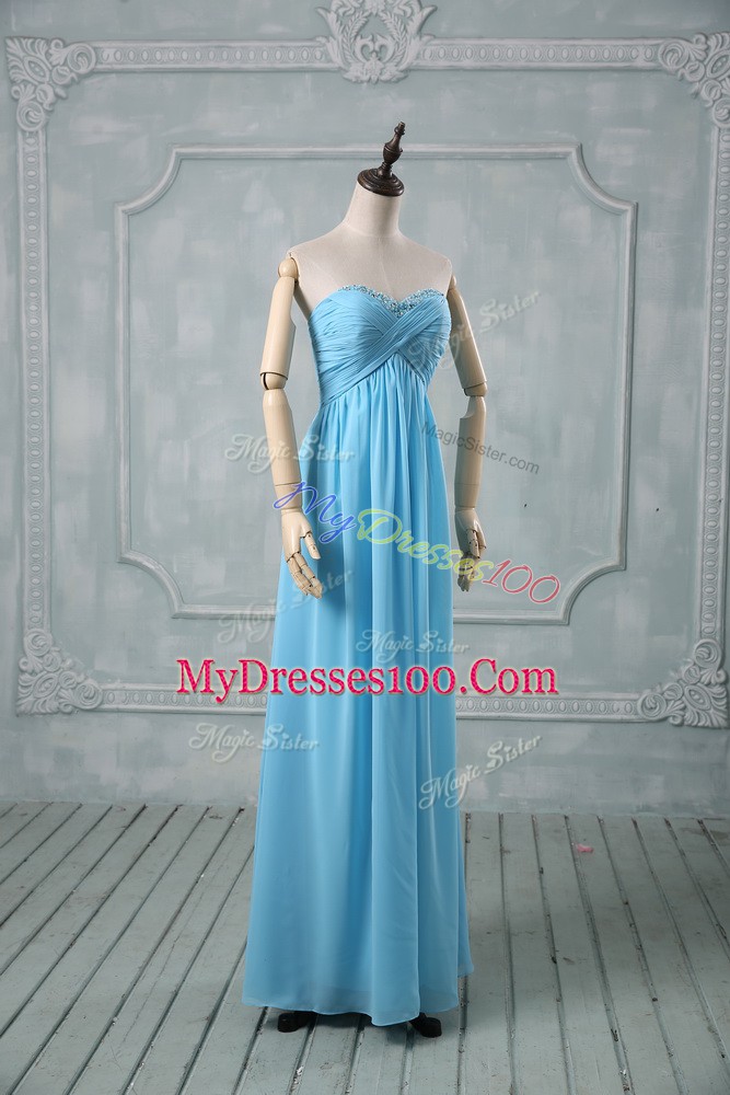 Baby Blue Empire Chiffon Sweetheart Sleeveless Beading and Ruching Floor Length Backless Prom Dress