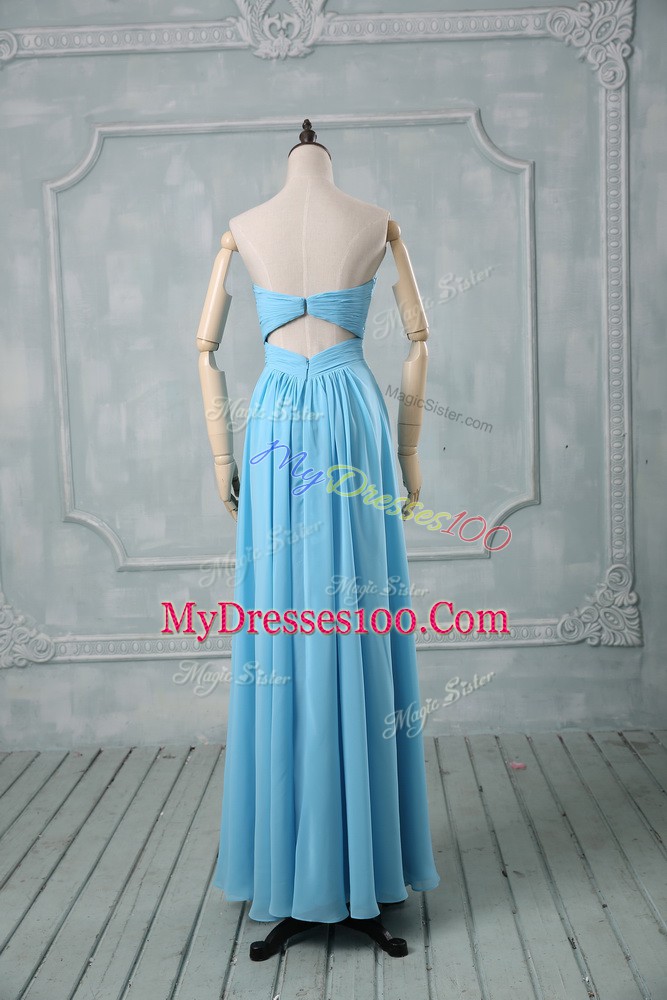 Baby Blue Empire Chiffon Sweetheart Sleeveless Beading and Ruching Floor Length Backless Prom Dress