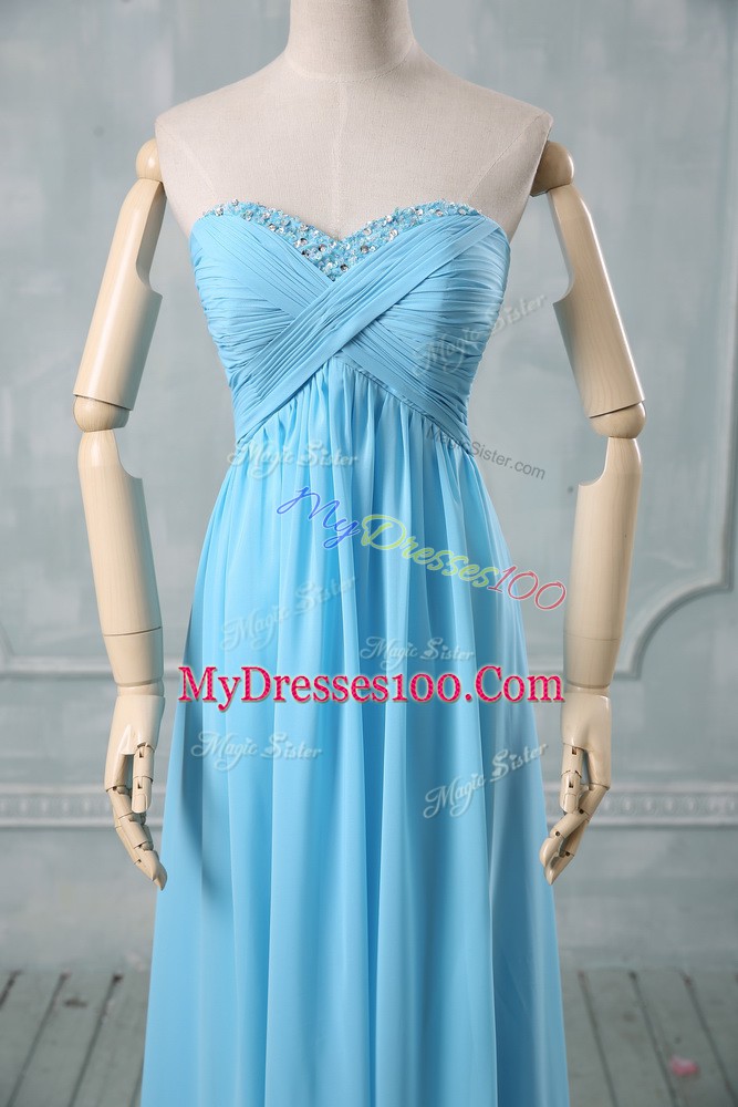 Baby Blue Empire Chiffon Sweetheart Sleeveless Beading and Ruching Floor Length Backless Prom Dress