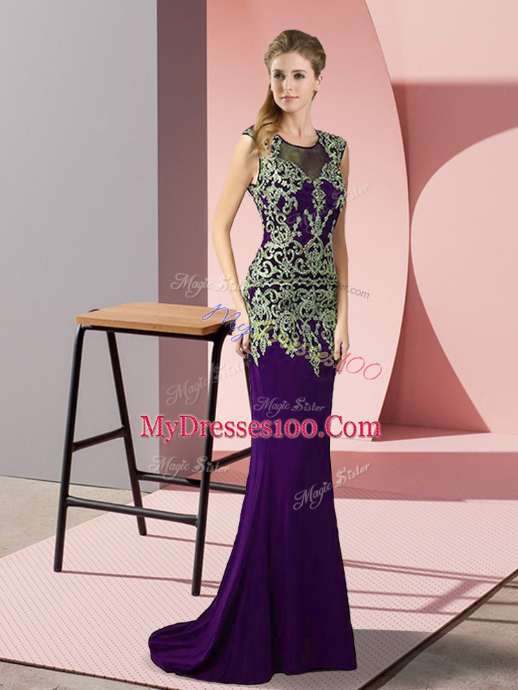Scoop Sleeveless Prom Evening Gown Sweep Train Appliques Purple Satin