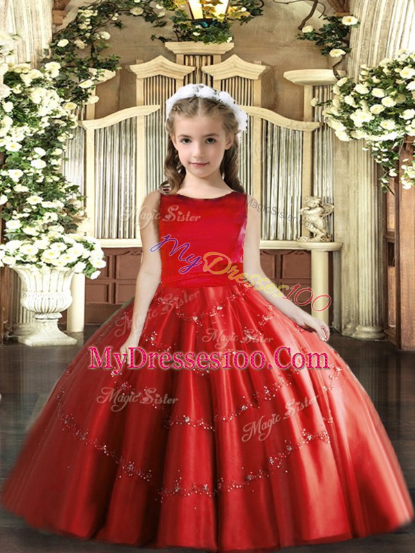 Customized Floor Length Red Little Girl Pageant Gowns Scoop Sleeveless Lace Up
