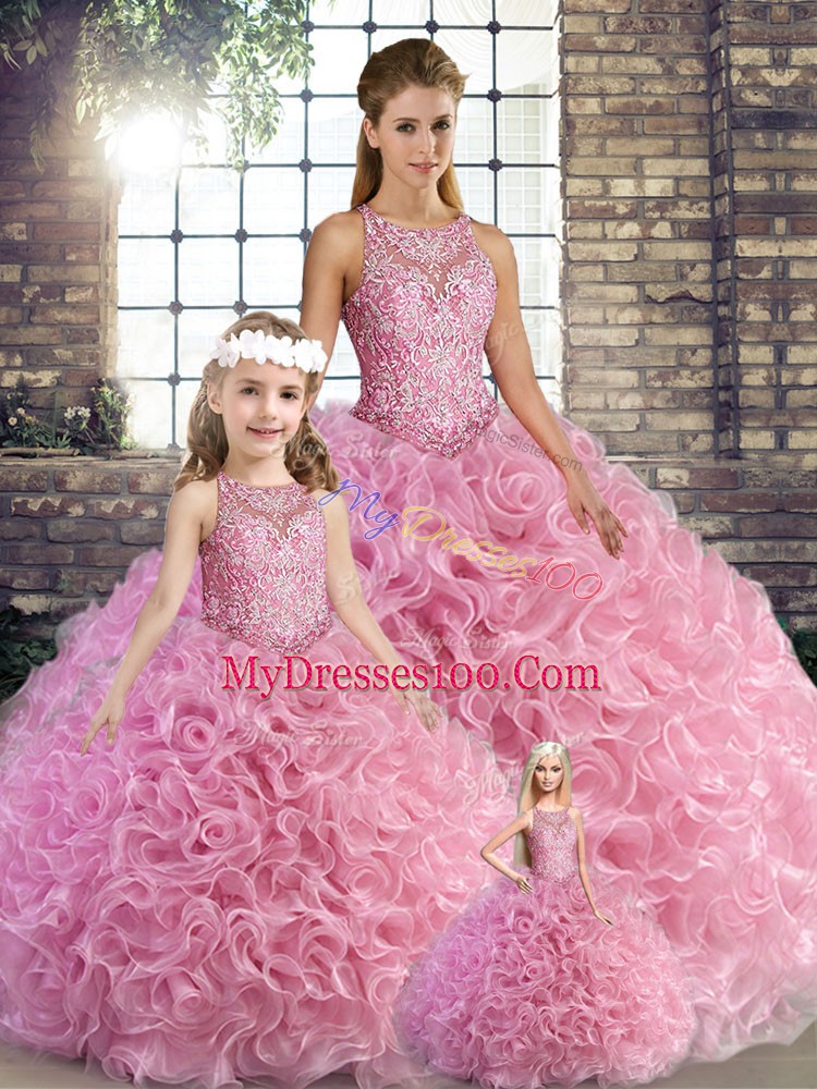 Fantastic Rose Pink Sleeveless Beading Floor Length Quince Ball Gowns