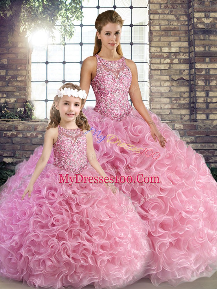 Fantastic Rose Pink Sleeveless Beading Floor Length Quince Ball Gowns