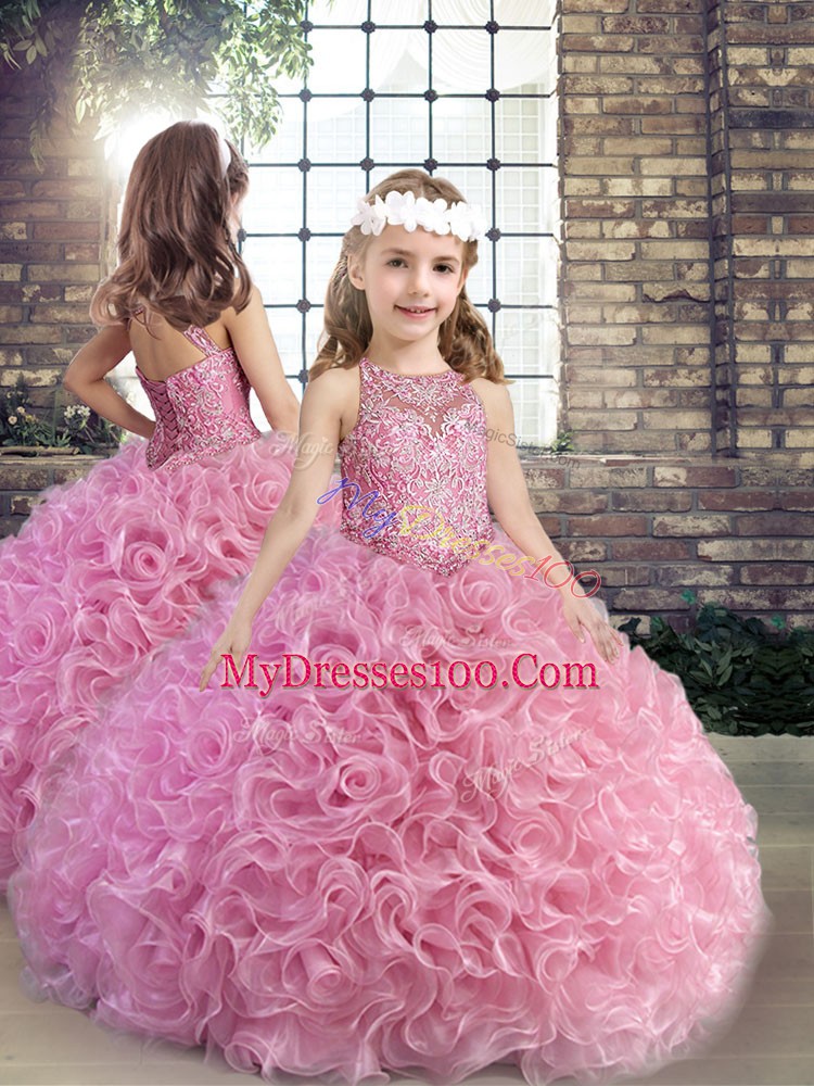 Fantastic Rose Pink Sleeveless Beading Floor Length Quince Ball Gowns