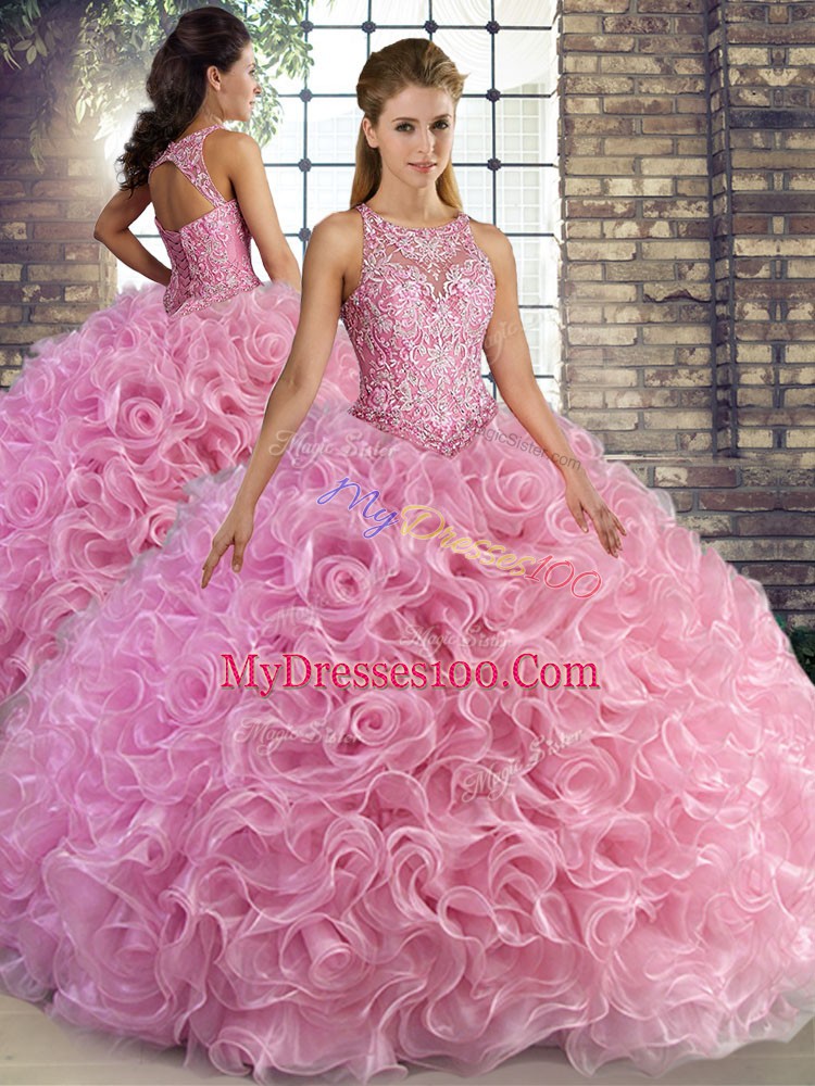Fantastic Rose Pink Sleeveless Beading Floor Length Quince Ball Gowns