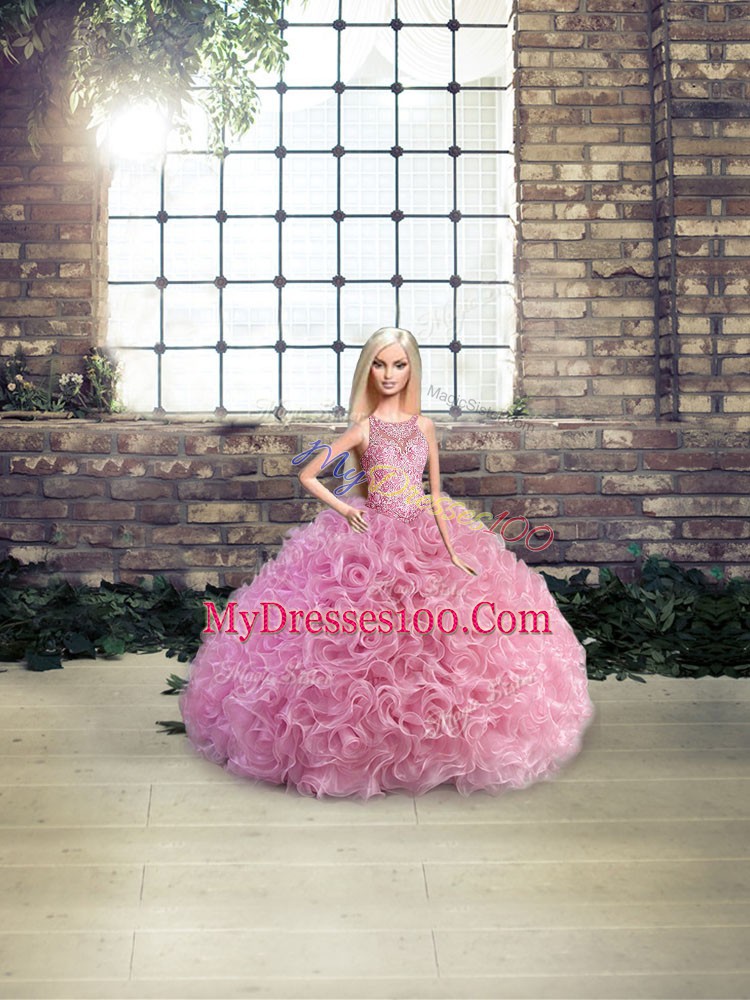 Fantastic Rose Pink Sleeveless Beading Floor Length Quince Ball Gowns
