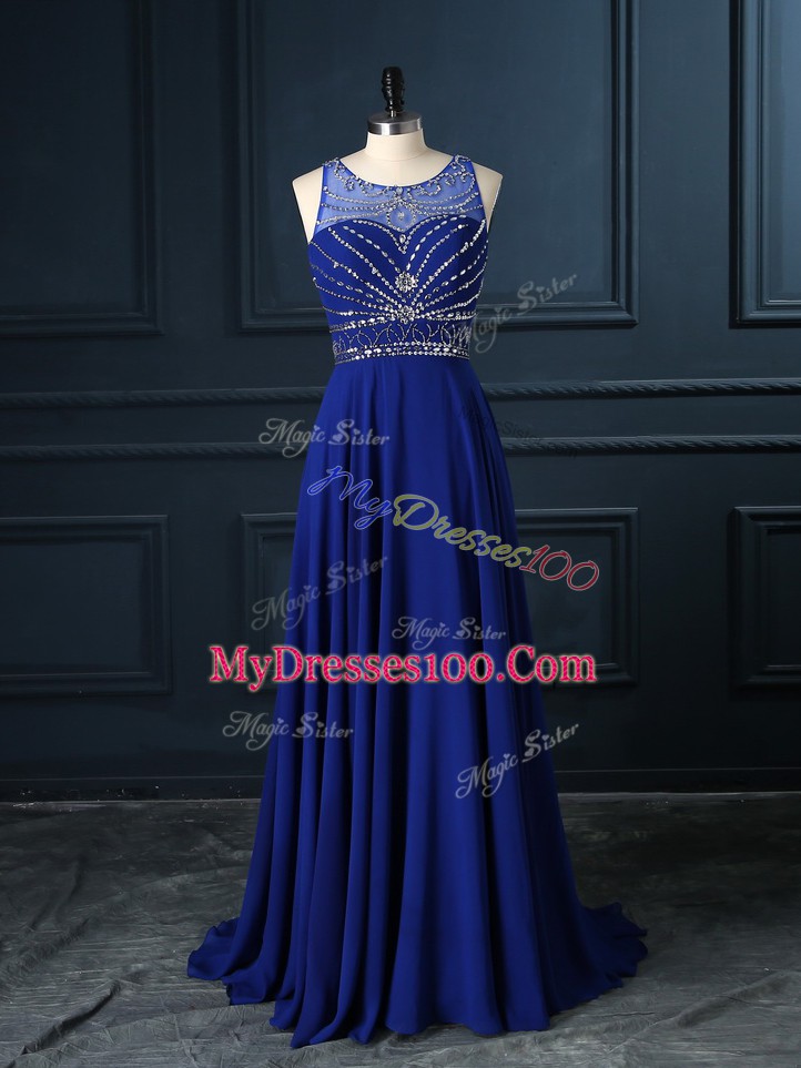 Fashion Brush Train Empire Prom Dresses Royal Blue Scoop Chiffon Sleeveless Criss Cross