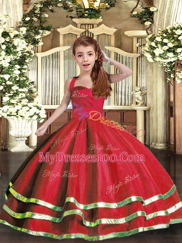 Perfect Red Sleeveless Ruffled Layers and Ruching Floor Length Little Girl Pageant Gowns