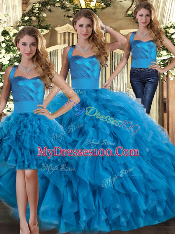 Three Pieces 15th Birthday Dress Blue Halter Top Tulle Sleeveless Floor Length Lace Up