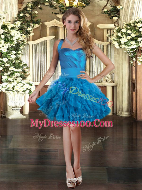Three Pieces 15th Birthday Dress Blue Halter Top Tulle Sleeveless Floor Length Lace Up