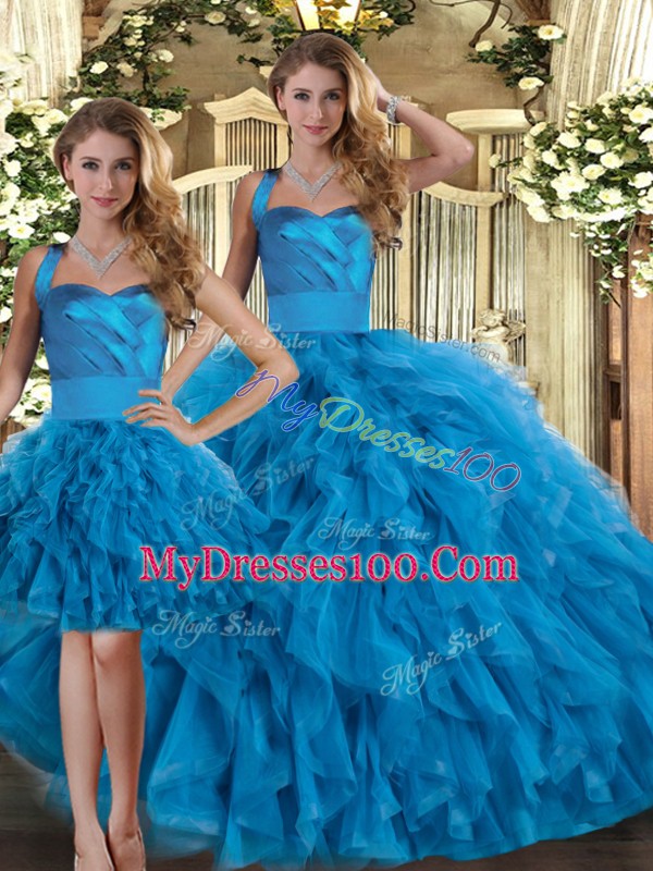 Three Pieces 15th Birthday Dress Blue Halter Top Tulle Sleeveless Floor Length Lace Up