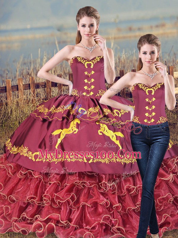 High End Burgundy Two Pieces Satin and Organza Sweetheart Sleeveless Embroidery and Ruffles Lace Up Sweet 16 Dress Brush Train