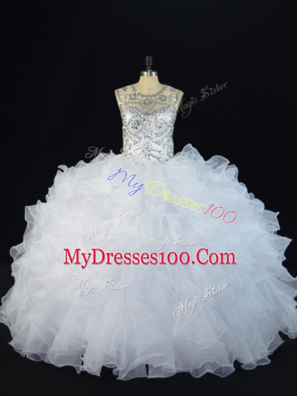 Sleeveless Floor Length Beading and Ruffles Lace Up Quinceanera Gown with White