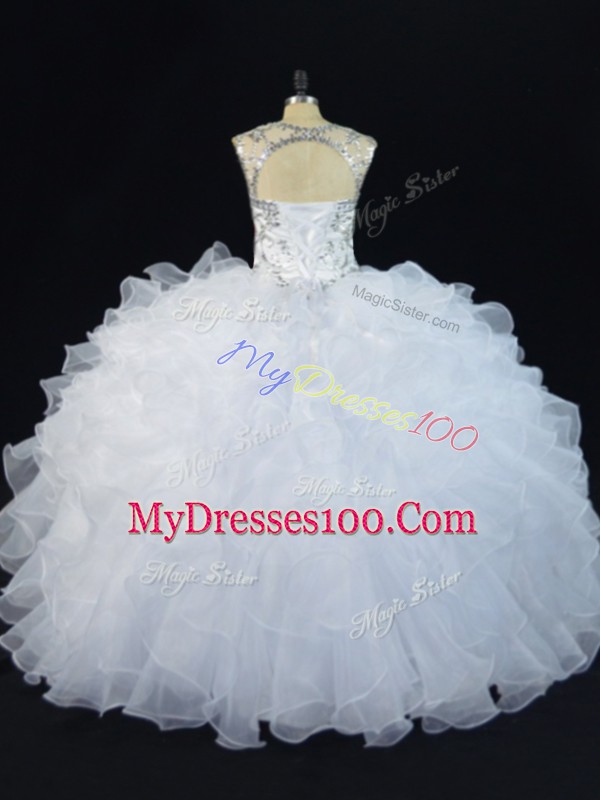 Sleeveless Floor Length Beading and Ruffles Lace Up Quinceanera Gown with White