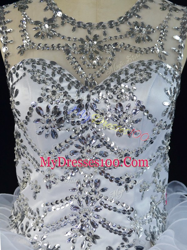 Sleeveless Floor Length Beading and Ruffles Lace Up Quinceanera Gown with White