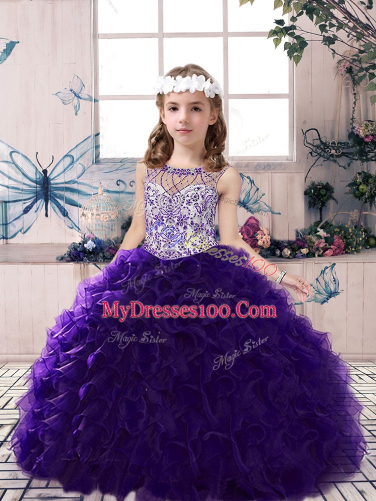 Custom Fit Scoop Sleeveless Lace Up Girls Pageant Dresses Purple Organza