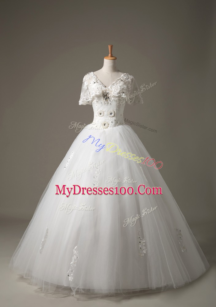 White Short Sleeves Tulle Lace Up Bridal Gown for Beach