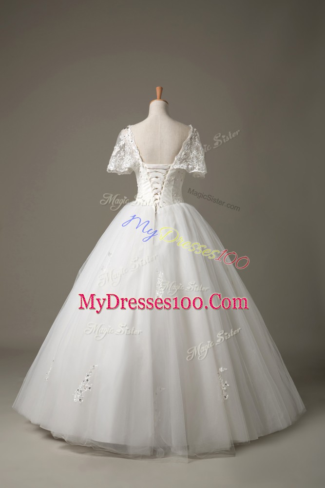 White Short Sleeves Tulle Lace Up Bridal Gown for Beach