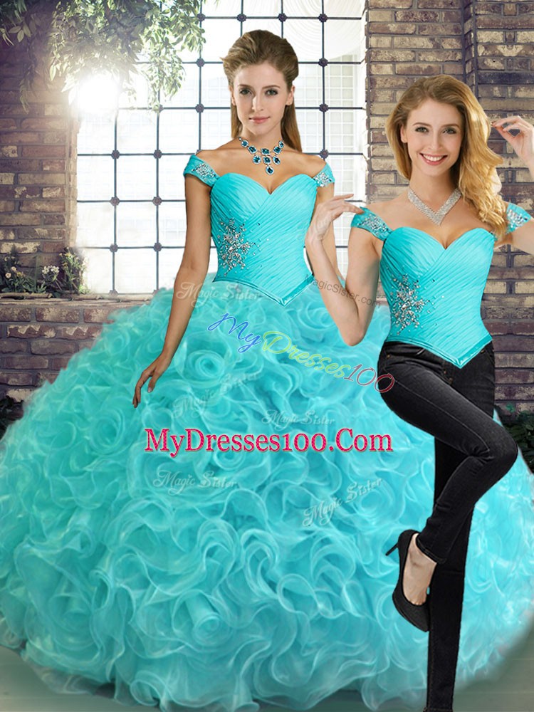 Pretty Aqua Blue Sleeveless Floor Length Beading Lace Up Quinceanera Gowns