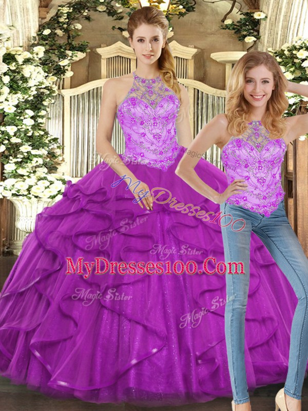 Elegant Purple Ball Gowns Tulle Halter Top Sleeveless Beading and Ruffles Floor Length Lace Up Vestidos de Quinceanera